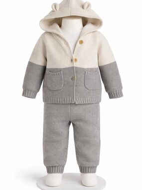 Rene Rofe Cream and Gray Knit Hooded Baby Matching Set